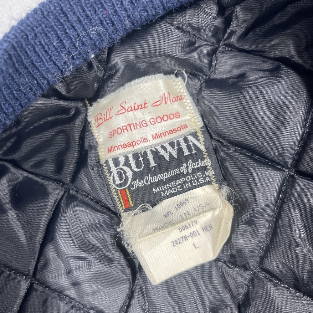 Butwin Varsity Jacket Men Large Regular Navy Blue Tan Leather Sleeve Vintage 90s - Picture 9 of 11